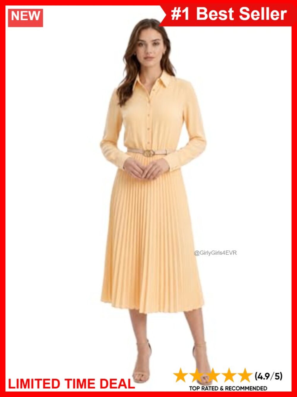 Pleated Shirt Dress Long Sleeve Midi with Belt Chiffon
